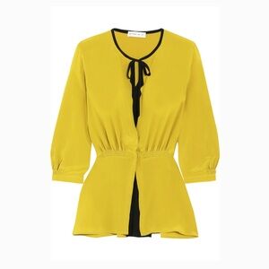 ETRO Yellow Washed Silk Tie Neck 3/4 Sleeve Cinch Waist Peplum Blouse xsmall